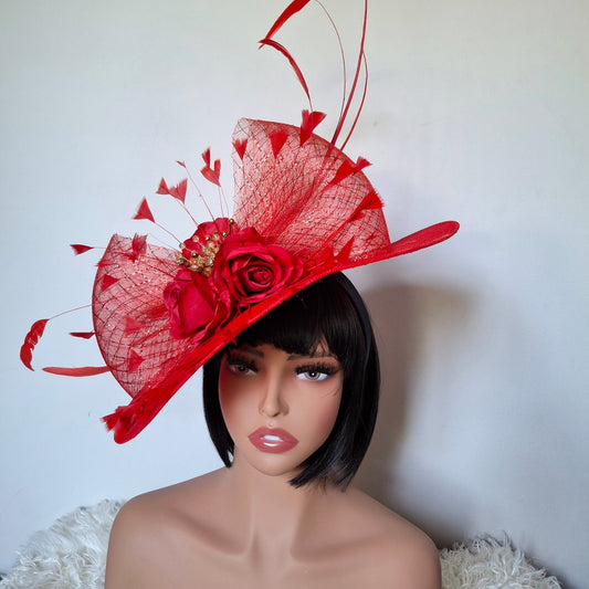 Red Handmade Fascinator Hat with Roses & Feathers